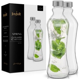 JoyJolt Glass Water Bottles - 2pc Glass Water Bottle Set. 32 oz Water Bottles, Clear Glass Bottles with Lids (Stainless Steel, Leakproof Seal). 1 Liter Water Bottles for Juicing or Iced Tea Bottle