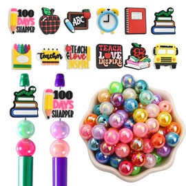 School Theme 16mm Acrylic Beads for Pens 52PCs & Silicone Focal Student Beads for Beadable Pens, Large Ball Pen Beads for DIY Pens Keychain Crafts (School Color)