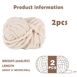 Pack of 2 Thick Wool Yarn, 250 g, Chunky Knit, Soft Wool Yarn, Colourful Chunky Wool, Soft Arm Knitting for Crocheting for Blankets, Perfect for Weaving Pet Nest, Blankets, Decorative Cushion Beige