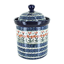 Blue Rose Polish Pottery - Orange Peach Posy Medium Canister - 5.5 Cup Capacity - Hand-Painted Polish Pottery Ceramic Kitchen Storage Jar with Lid