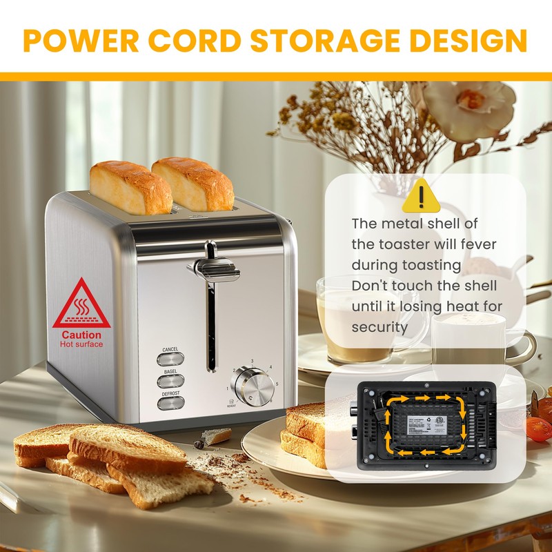 Simple Deluxe 2-Slice Toaster, Stainless Steel Toaster, 6 Browning Setting