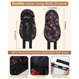 AWAYTR Long Hair Bonnet for Women - Reversible Double Layer Satin Silk Bonnet for Sleeping with Tie Band (Black Cherry+Black)