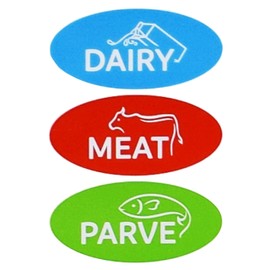 36 Assorted Kosher Labels - 12 Blue Dairy, 12 Red Meat, 12 Green Parve Stickers -Oven Proof up to 500°, Freezable, Microwavable, Dishwasher Safe, English – Color Coded Kitchen Tools by The Kosher Cook