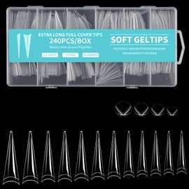 Cycullinyt 240Pcs Stiletto Soft Gel Nail Tips, Long Stiletto Nails, 12 Sizes Half Cover Tapered French Acrylic Clear False Nail Extension for Beginner and Professional Home Salon DIY