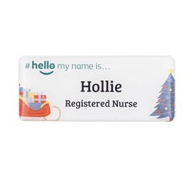 Badgemaster Hello My Name is Christmas Sleigh and Tree Premium Domed Name Badge GP Practitioner Doctor Healthcare Nurse Medical Staff Clinical Student Assistant White/White 76 x 32mm