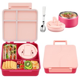 Bento Lunch Box for Kids with 8oz Soup Thermo,Kids Leakproof Lunch Food Containers with 4 Compartment,Kid Insulated Thermo Hot Food Jar for School,Trvael-Pink
