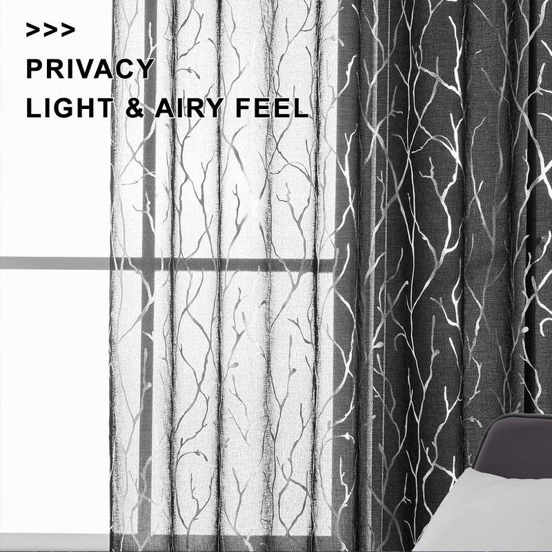 FINECITY Curtains, 2 Pair Black Silver Sheer, 52 x 84