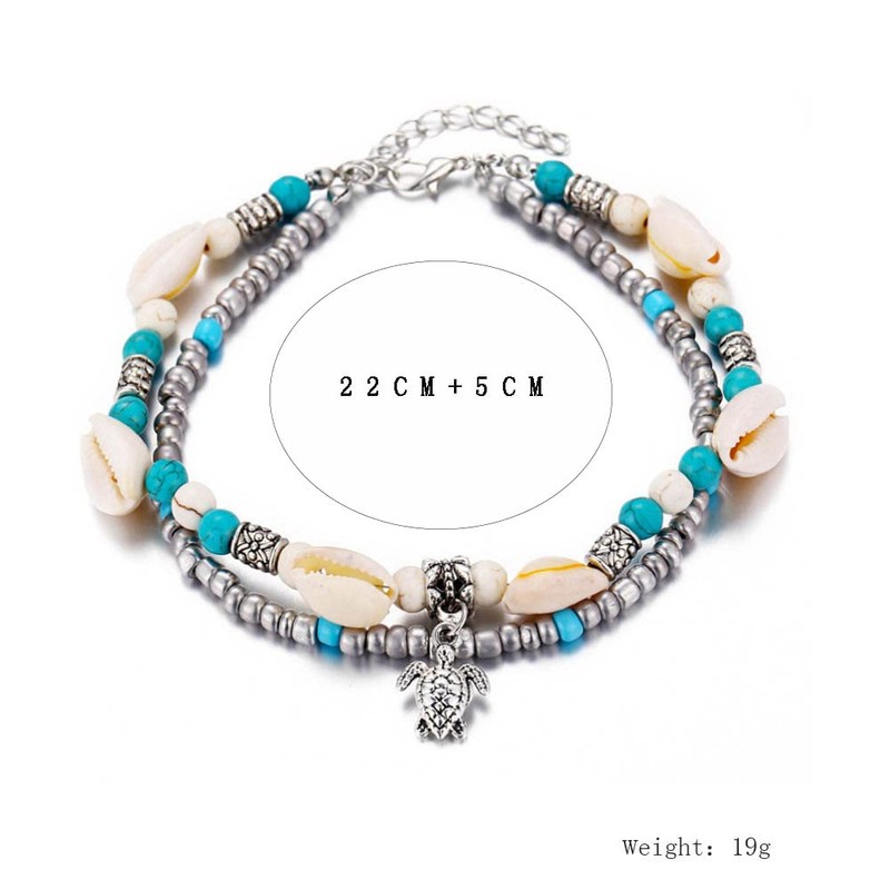 Chaioe Boho Double Beads Anklet Turtle Ankle Bracelets Shell Foot