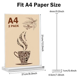 Pack of 2 A4 Table Stands, Price Tags Stand, A4, Table Stand, Acrylic T-Stand for Brochures, Menu Card, Advertising, Photo Frame, Menu Card Holder for Restaurant, Cafe, Office, Photos, Shops, Shop