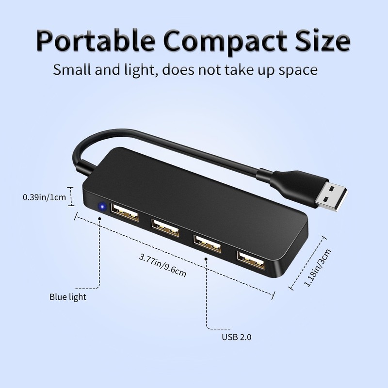 USB hub, 4-port USB 2.0 hub, ultra-thin portable USB splitter,