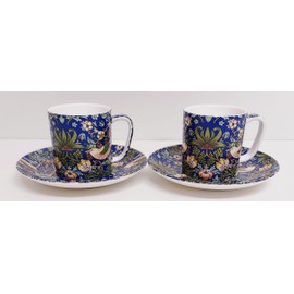 Rainbow Decors William Morris Strawberry Thief Blue Espresso 2 Cups 100ml 3.5fl oz and Saucers Fine Bone China Set Arts Crafts Nouveau Hand Decorated UK