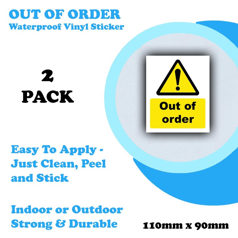 2-Pack Out of Order Vinyl Sticker Sign Labels -Waterproof sticker