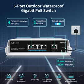 Outdoor Waterproof 4-Port Gigabit PoE Switch with 4 Port PoE+@78W + 1000Mbps Uplink Port, 5 Port IEEE802.3af/at Power Over Ethernet Switch Unmanaged with VLAN Function, Plug & Play