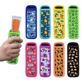 WIRESTER Set of 8 Reusable Neoprene Ice Pop Sleeves - Insulated Freezer Pop Holder for Kids - Washable Popsicle Cover - Fun Design - Ice Cream, Shark, Frog, English Bulldog, Tuxedo Cat, Jungle Animals
