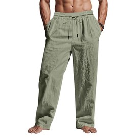 ‌Men's Linen Pants Lightweight Drawstring Elastic Waist Pockets Loose Fit Straight Legs Summer Beach Yoga