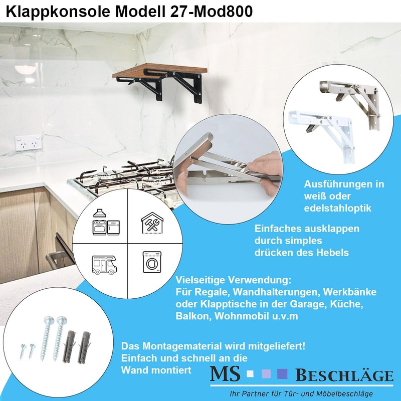 MS Beschläge Folding Shelf Brackets, 1 Pair of Folding Consoles,
