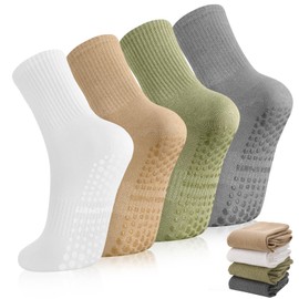 Guiqulai 4 Pairs Pilates Yoga Grip Socks for Women Ladies, Crew Socks Cotton Non Slip for Sport Exercise Hospital, Size 5-9