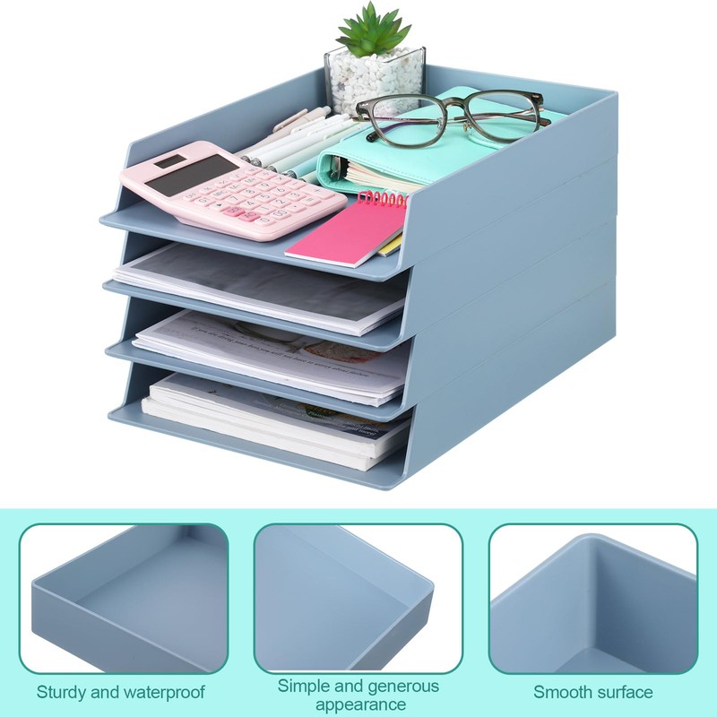 TecUnite 4 Pieces Stackable Letter Trays Blue Rectangular Stackable Office
