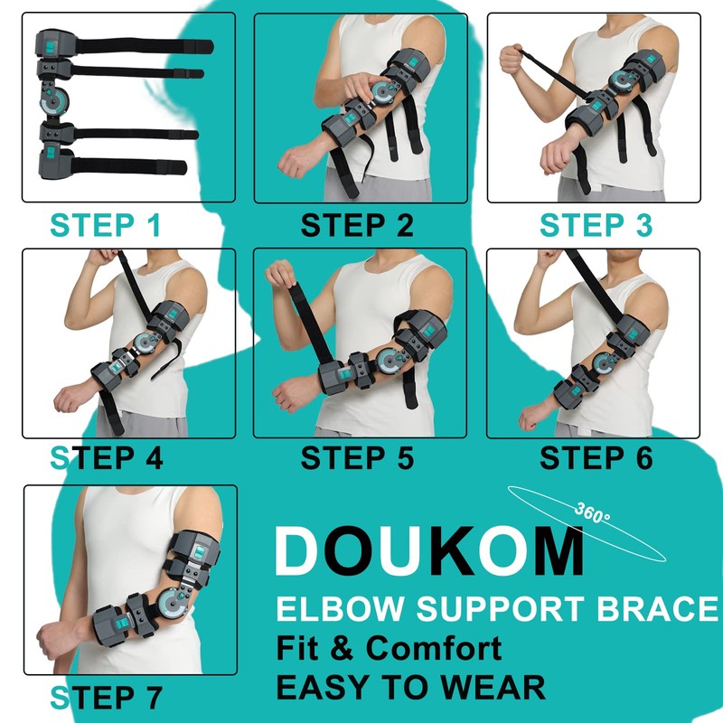 DOUKOM Hinged ROM Elbow Brace, Adjustable Post-Op Splint Stabilizer for