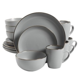 Gibson Home Rockaway Round Dinnerware, Service for 4 (16pcs), Grey/Gold Rim