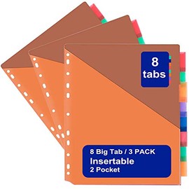 Binder Dividers w/Two Pocket Binder Index Dividers 8-Tab Set Pack of 3 Sets Multicolor Tab dividers Plastic Binder Dividers with Tabs