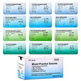 Alcedo Suture Threads with Needle (12 Mixed 2/0, 3/0, 4/0), Non-Absorbable Training Thread, Nylon, Polyester, Polypropylene and Silk Material, Demonstration and Education Use Only
