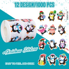 Whaline 1000Pcs Christmas Penguin Stickers Xmas Cartoon Penguin Self-Adhesive Sticker Decals for Winter Birthday Holiday Party Decor Supplies, 2 Rolls, 12 Designs