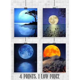 Blue Moons Rising- 4 Prints Set- 8 x 10"s Wall Art- Ready to Frame. Home Décor, Office Décor & Wall Print. New Moon Pictures is Perfect Art for Any Room. Inspiration Gift for Nature & Astronomy Lovers