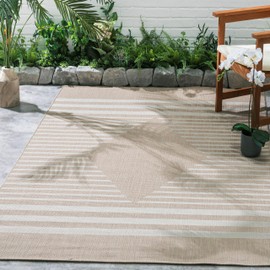 FH Home Flat Woven Outdoor Rug - Waterproof, Easy to Clean, Stain Resistant - Premium Polypropylene Yarn - Modern Geometric Kilim - Patio, Porch, Deck, Balcony - Mesa - Beige - 5ft 2in x 7ft 6in
