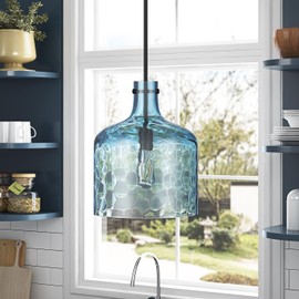 Aiwen Modern 1-Light Kitchen Island Pendant Lights Fixture 11.8 inch Aquamarine Glass Pendant Lighting with Bell Shade Farmhouse Adjustable Hanging Light for Dining Room Sink Restaurant E26