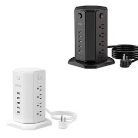Power Strip Tower - NTONPOWER 10ft Extension Cord Flat Plug Surge Protector, 8 Outlets 5 USB Desktop Charging Station, Individual Switches Control, 1080 J, Circuit Breaker for Home Office, UL Listed