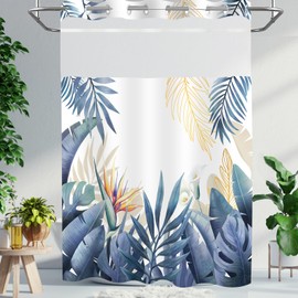 TWLSNCD No Hook Tropical Shower Curtain with Snap in Liner Set - Summer Palm Monstera Plant Leaf for Bathroom Decor - Hotel Quality Botanical Ringless Double Layer, Blue 71" x 74"