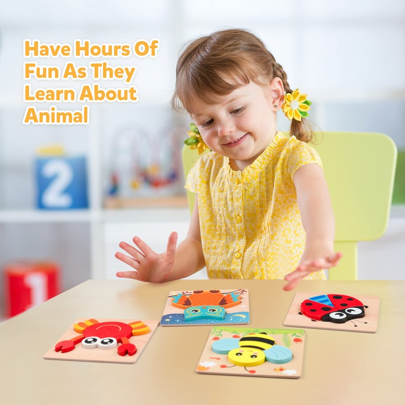Coogam Wooden Jigsaw Puzzle Set, 6 Pack Animal Shape Color