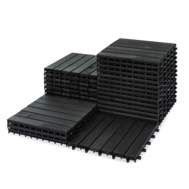 VICTORY RELAX Acacia Wood Flooring Interlocking Deck Tiles for Patio Decor 27 Pcs 6 slats - Waterproof Indoor & Outdoor Decor - Balcony Garden Decking Tile (11,81 * 11,81 * 0,94 Inches) - Black
