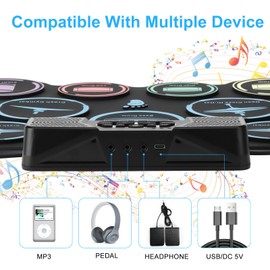 Brigle Electric Drum Set, 9 Pads Kids Drum Set, Roll-up Practice Drum Pad with Headphone, MIDI, Built-in Dual Stereo Speakers Drum Sticks Foot Pedals 10 Hours Playtime