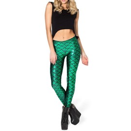 Ayliss New Mermaid Fish Scale Printed Leggings Stretch Tight Pants,Green L