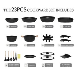 Coicur Ceramic Cookware Set Non Stick Pots and Pans Set Non Toxic with Detachable Handle Induction Kitchen Cookware Set Space Saving, Oven & Dishwasher Safe, Black, 23Pcs