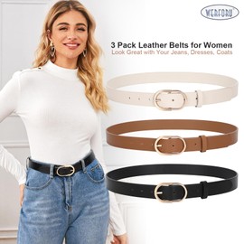 WERFORU 3 Pack Women's Faux Leather Belts for Jeans Pants Fashion Gold Buckle Ladies Dress Belt Black/Brown/Beige