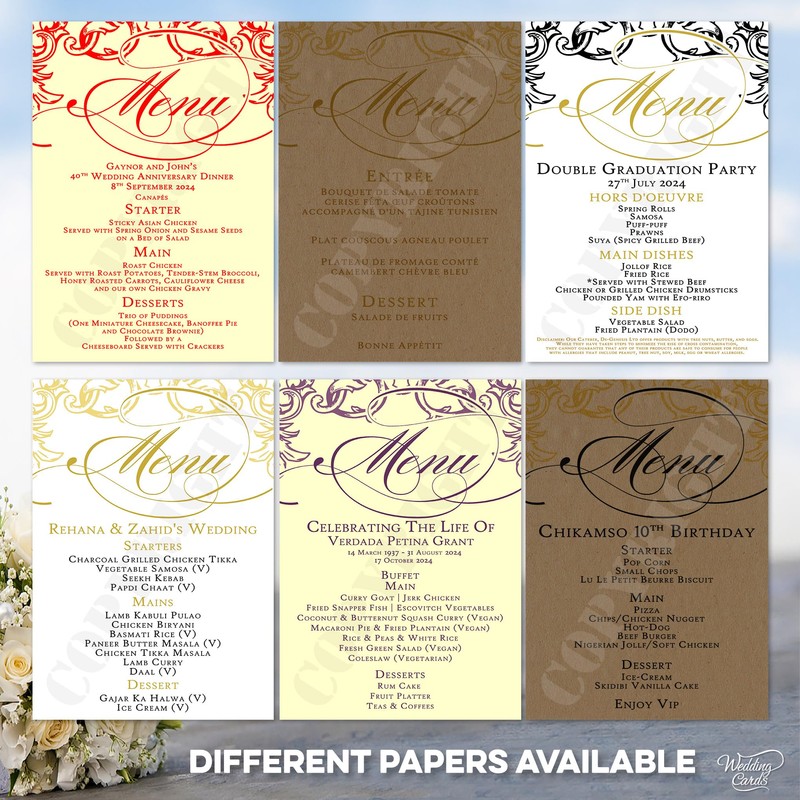 10 x Wedding Menu Party Menu Table Cards A6