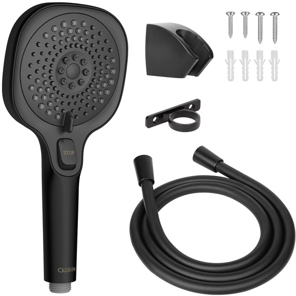RV Shower Head Replacement with Hose for Camper RV Accessories Part, High Pressure Hand-Held Showerhead with Shower Hose, Holder and Hose Guide Ring, Matte Black Finish