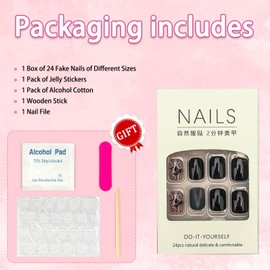 Press on Nails Short Square False Nails Black Nude Fake Nails Rhinestones and Dark Butterfly with Designs Acrylic Nails for Women 24Pcs