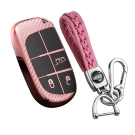 KUNIO Car Key Fob Cover fit for Chrysler 300C fit for Jeep Renegade Compass Grand Cherokee fit for Dodge fit for Fiat 500X Key Cover TPU Keychain Car Key Case Key Fob 3 Buttons A Pink