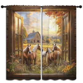 Western Horse Boy Girls Blackout Curtains,Country Barn Farm Wildlife Animal Rustic Sunset Scenery, 2 Panel Rod Pocket Thermal Insulated Drapes for Bedroom, Living, Kids Teen Room Deco 42x45 inch