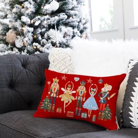 Christmas Pillow Covers 12x20 Inch Red Nutcracker Christmas Decor Winter Holiday Party Cushion Case Decoration for Sofa Couch