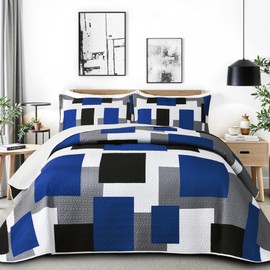 Tyrot 3 Piece Blue White Grey Quilt Set King Size Patchwork Geometric Reversible Bedding Set Microfiber Lightweight Bedspread Coverlet with 2 Shams Modern Black Bed Covers for All Season, 106''x96''