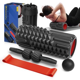 5 in 1 Foam Roller Set - High Density Back Roller Foam Roller, Muscle Roller Stick, Massage Ball, Stretching Strap for Whole Body Physical Therapy & Deep Tissue Muscle Massage (Black) - Color: Black