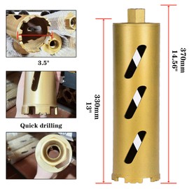 3.5" Dry Drill Core Bits for Cured Concrete with Rebar Brick Blonck Masonry etc 12.2in/310mm Drilling Depth，10mm Diamond Segment Height，2 Adapters