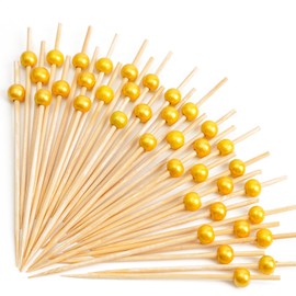 PuTwo Cocktail Picks Handmade Bamboo Appetizer Toothpicks 100 Counts 4.7” Yellow Pearls