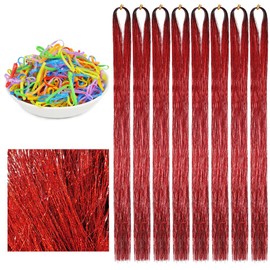 Hair Tinsel Extensions Red Colorful Glitter Tinsel Hair Kit Heat Resistant 42 Inch Sparkling Fairy Hair Accessories for Women Kids Girls 8 Pcs 200 Strands/Pcs