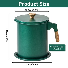 Bacon Grease Containe with Strainer, 47oz/1.4L Oil Strainer Pot, Oil Storage Container for Kitchen, Oil Storage Supplies Filter for Home Canteen(Dark Green)